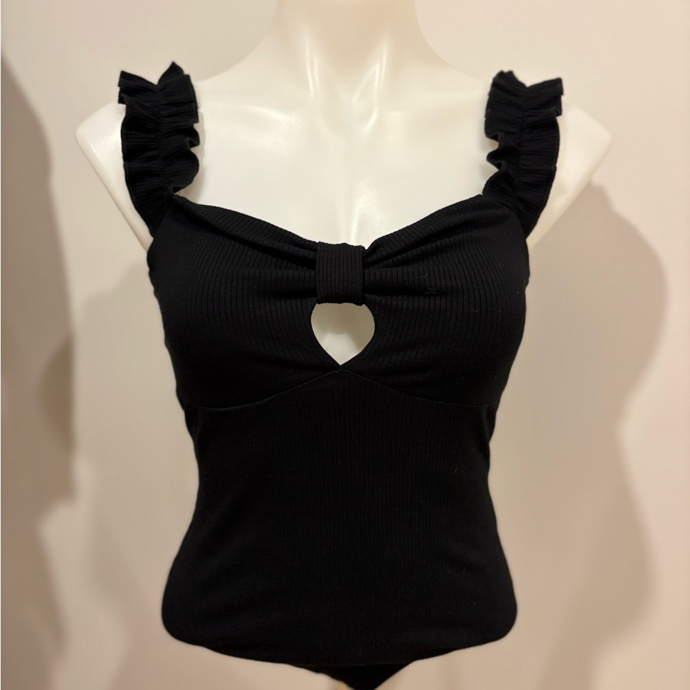 NWT Francesca's Black Ruffle Strap Bodysuit